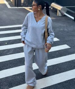 Conjunto de 2 piezas para mujer, sudadera de manga larga, pantalones de pierna ancha con bolsillos, chándal y ropa de descanso