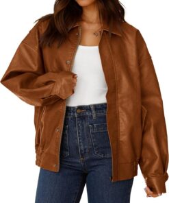 PRETTYGARDEN Chaqueta de motociclista de piel sintética para mujer, ropa de otoño y primavera, abrigo de invierno de gran tamaño con cremallera