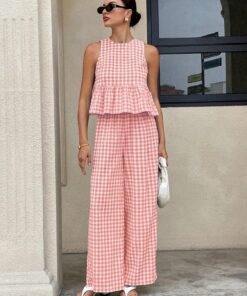 Conjunto de cuadros bohemios para mujer, con ribete de volantes para vacaciones y verano