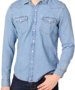 Amazon Essentials Hombre Camisa Vaquera de Corte Ajustado de Manga Larga con Botones a Presión