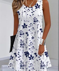 Vestido de punto sin mangas con estampado floral para mujer, vestido corto de verano casual de ajuste holgado