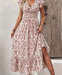 Vestidos de verano para mujer, bohemio, floral, cuello en V, manga con volantes, vestido largo de verano, playa, vacaciones, vestido de verano