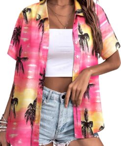 WIEIYM Camisas hawaianas con estampado floral y botones para mujer, blusas con estampado de flores, camiseta informal de verano de manga corta, unisex, para vacaciones, playa, tropical