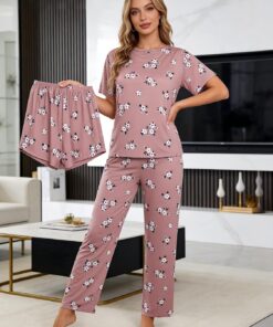 Conjunto de pijama de 3 piezas para mujer, camiseta de manga corta, pantalones cortos y pantalones largos, estampado floral, conjunto de ropa de dormir