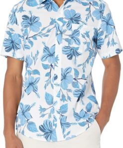 Amazon Essentials Camisa de Corte Ceñido con Mangas Cortas, Botones y Estampado Hombre