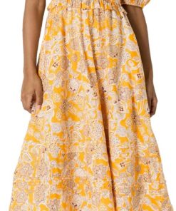 Amazon Essentials Mujer Vestido Midi Entallado y con Vuelo de Satén de Algodón con Mangas Abullonadas y Cuello en V
