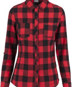 Urban Classics Camisa a Cuadros Mujer Turnup Mujer Camisa de Franela Negro/Rojo Regular