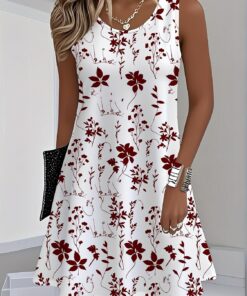 Vestido de punto sin mangas con estampado floral para mujer, vestido corto de verano casual de ajuste holgado