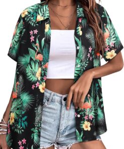 WIEIYM Camisas hawaianas con estampado floral y botones para mujer, blusas con estampado de flores, camiseta informal de verano de manga corta, unisex, para vacaciones, playa, tropical