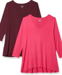 Amazon Essentials Camiseta de Manga 3/4 con Cuello en Pico (Disponible en Tallas Grandes) Mujer, Pack de 2
