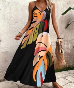 Vestido de verano sin mangas con cuello en V para mujer, con tirantes delgados, estampado de hojas tropicales, playa, vacaciones, vestido largo casual