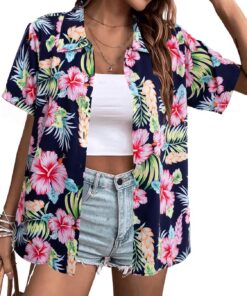 MYHALF - Camisa hawaiana para mujer, suave, fresca, de verano, con estampado floral tropical, cuello en V, camiseta de manga corta con botones