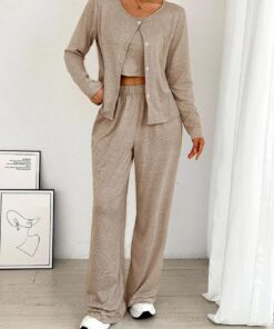 Conjunto de ropa de descanso de 3 piezas para mujer, elegante conjunto de otoño e invierno con chaqueta, pantalones largos y camiseta sin mangas, ropa de dormir acogedora y cómoda