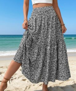 Falda de verano para mujer, acampanada, con estampado floral, cintura alta elástica, estilo bohemio, informal, para viajes