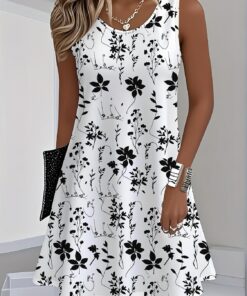 Vestido de punto sin mangas con estampado floral para mujer, vestido corto de verano casual de ajuste holgado