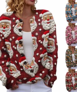HUIFUAO Suéteres de Navidad para mujer, lindo estampado de Papá Noel, cárdigans de Navidad, divertidos diseños de gato, suéteres de Navidad para otoño e invierno, manga larga, con botones, prendas de