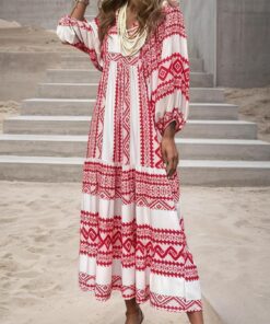 Vestidos bohemios de verano para mujer, cuello en V, manga abombada, floral, fluido, casual, largo