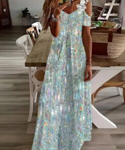 Vestido largo de verano con estampado floral y hombros descubiertos y cuello en V para mujer