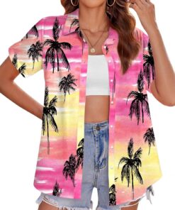 tiorhooe Camisas hawaianas para mujer, diseño de árbol tropical, de manga corta, con botones, para verano, playa, vacaciones