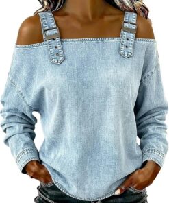 Camiseta vaquera retro de manga larga con hombros descubiertos para mujer, diseño de correas de hebilla ajustables, diseño 2026, camisa de mezclilla casual de moda para primavera y verano