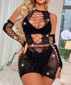Lencería sexy para mujer, conjunto de lencería erótica de malla erótica con diamantes de imitación traviesos