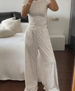 Conjunto de 2 piezas de camiseta casual de manga corta y pantalones de pierna ancha para mujer, ropa de descanso, camiseta ajustada y pantalones largos fluidos