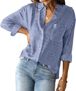 Camisa a rayas con botones para mujer, clásica, casual, de manga larga, holgada, para oficina, trabajo, con bolsillo