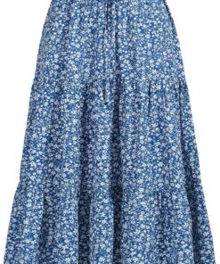 Falda midi de cintura alta elástica para mujer, casual, de verano, a la moda, con lazo frontal, con volantes, estampado floral, falda acampanada DJ626