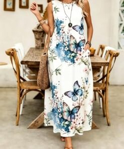 Vestido largo para mujer, sin mangas, cuello redondo, ajuste holgado, estampado de rayas onduladas rojas y verdes, estilo bohemio