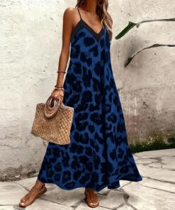 Vestido casual de verano con estampado de leopardo para mujer, vestido sin tirantes con hombros descubiertos