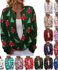 HUIFUAO - Suéteres de Navidad para mujer, divertidos estampados de árbol de Navidad, cárdigans de Navidad, suéteres de copo de nieve, suéteres de manga larga con botones, abrigos de punto novedosos