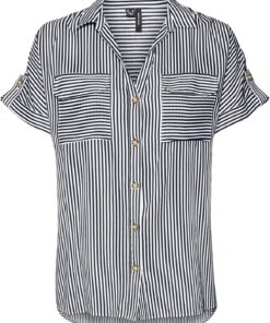 Camisa de Mujer de Manga Corta a Rayas con Bolsillos en el Pecho y Botones