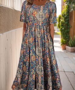 Vestido de verano bohemio para mujer, vestido midi con estampado floral, acampanado, casual, manga corta, vestido de playa con bolsillos