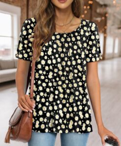 Túnica de verano para mujer, blusa de manga corta casual para mujer, camisas fluidas elegantes para mujer, para usar con leggings, tendencia, Negro, XXL