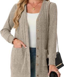 GRECERELLE Cárdigan largo para mujer, con frente abierto, ligero, acanalado, casual, cuello en V, con bolsillos, para primavera, verano y otoño