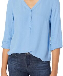 Amazon Essentials Camisa con Botones y Manga 3/4, Blusa de Corte Holgado con Cuello en V Mujer