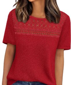 Camisas de manga corta para mujer, estilo bohemio, de ganchillo, encaje, punto gofre, talla grande, ropa de moda