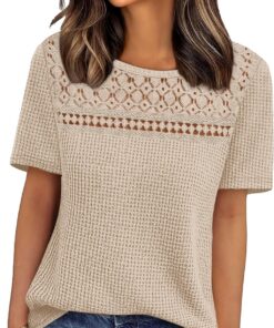 Camisas de manga corta para mujer, estilo bohemio, de ganchillo, encaje, punto gofre, talla grande, ropa de moda