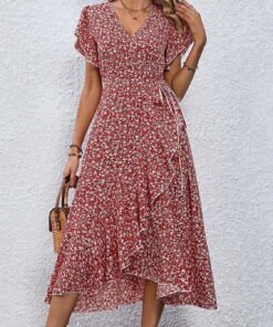 Vestido largo de playa con cuello en V y estampado floral para mujer, transpirable, de verano, casual, elegante, estilo sofisticado, vestido largo de playa