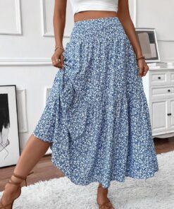 Falda larga de cintura alta fruncida para mujer, estilo bohemio, con bolsillos