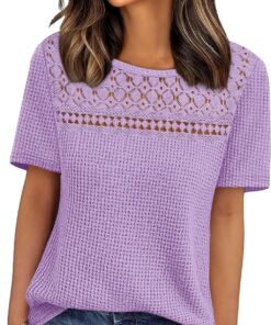 Camisas de manga corta para mujer, estilo bohemio, de ganchillo, encaje, punto gofre, talla grande, ropa de moda