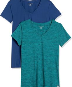 Amazon Essentials Camiseta Elástica de Secado Rápido, Manga Corta y Cuello en V (Hay Tallas Grandes) Mujer, Paquete de 2