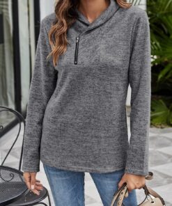 Sudadera con cremallera de un cuarto para mujer, manga larga, cuello redondo, a la moda, con bolsillos