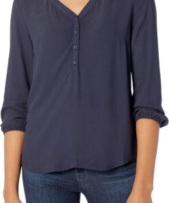 Amazon Essentials Camisa con Botones y Manga 3/4, Blusa de Corte Holgado con Cuello en V Mujer