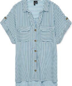 Camisa de Mujer de Manga Corta a Rayas con Bolsillos en el Pecho y Botones