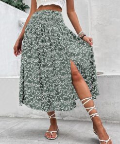 Falda midi floral para mujer, cintura alta, fruncida, abertura lateral, acampanada, falda de verano para vacaciones en la playa, uso diario casual