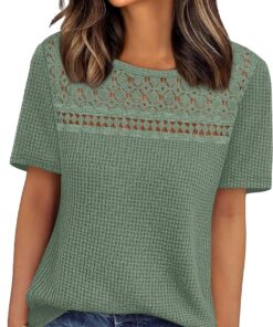 Camisas de manga corta para mujer, estilo bohemio, de ganchillo, encaje, punto gofre, talla grande, ropa de moda