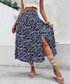 Falda midi floral para mujer, cintura alta, fruncida, abertura lateral, acampanada, falda de verano para vacaciones en la playa, uso diario casual