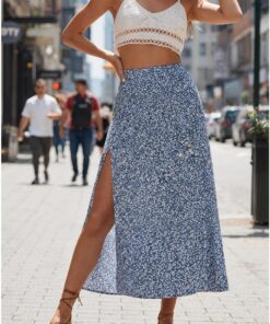 Faldas largas casuales para mujer, de cintura alta, estilo bohemio, estampado floral, falda larga fluida con abertura lateral