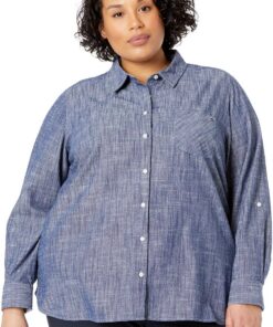 Tommy Hilfiger Women's Classic Long Sleeve Roll Tab Button Down Shirt (Standard and Plus Size) Roll Tab Dot Mujer (Pack de 1)